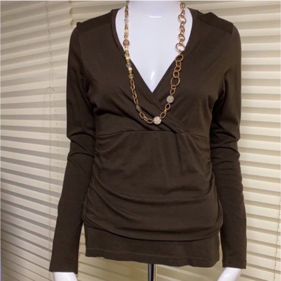 Lilla P Pima Cotton Wrap-Style V-Neck Top | Brown Long Sleeve | Size Small - Picture 5 of 10